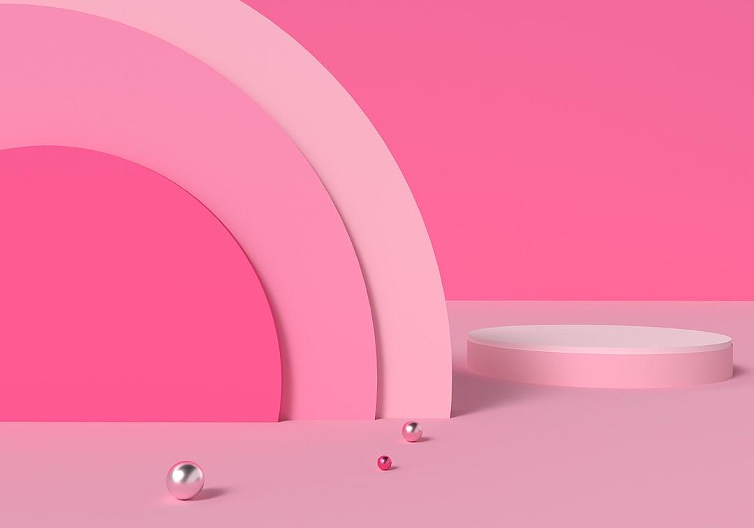 Pink background with podium for product display presentation, 3d rendering illustration of minimal geometric shapes and arches, flat lay, pink color scheme, empty space in the center, pink spheres on the floor, no shadows, soft lighting, high resolution, sharp focus, studio photography