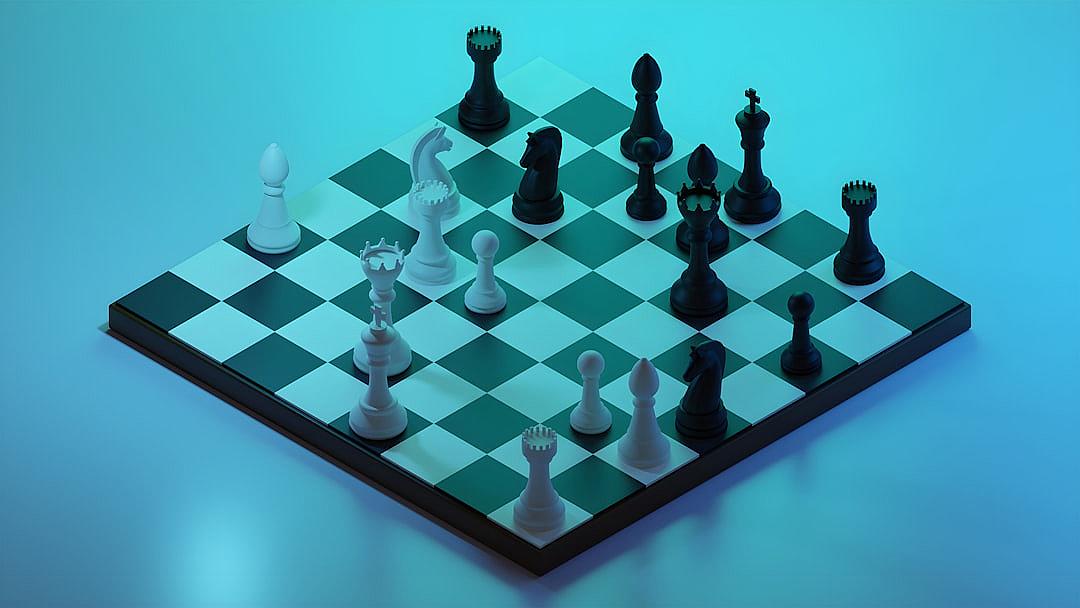 3D isometric view of a chess board with white and black pieces on it. All the figures must be made of plasticine against an isolated blue background with soft shadows and volumetric lighting in the style of a hyper realistic Octane render with minimal editing to the original text and no Chinese characters.