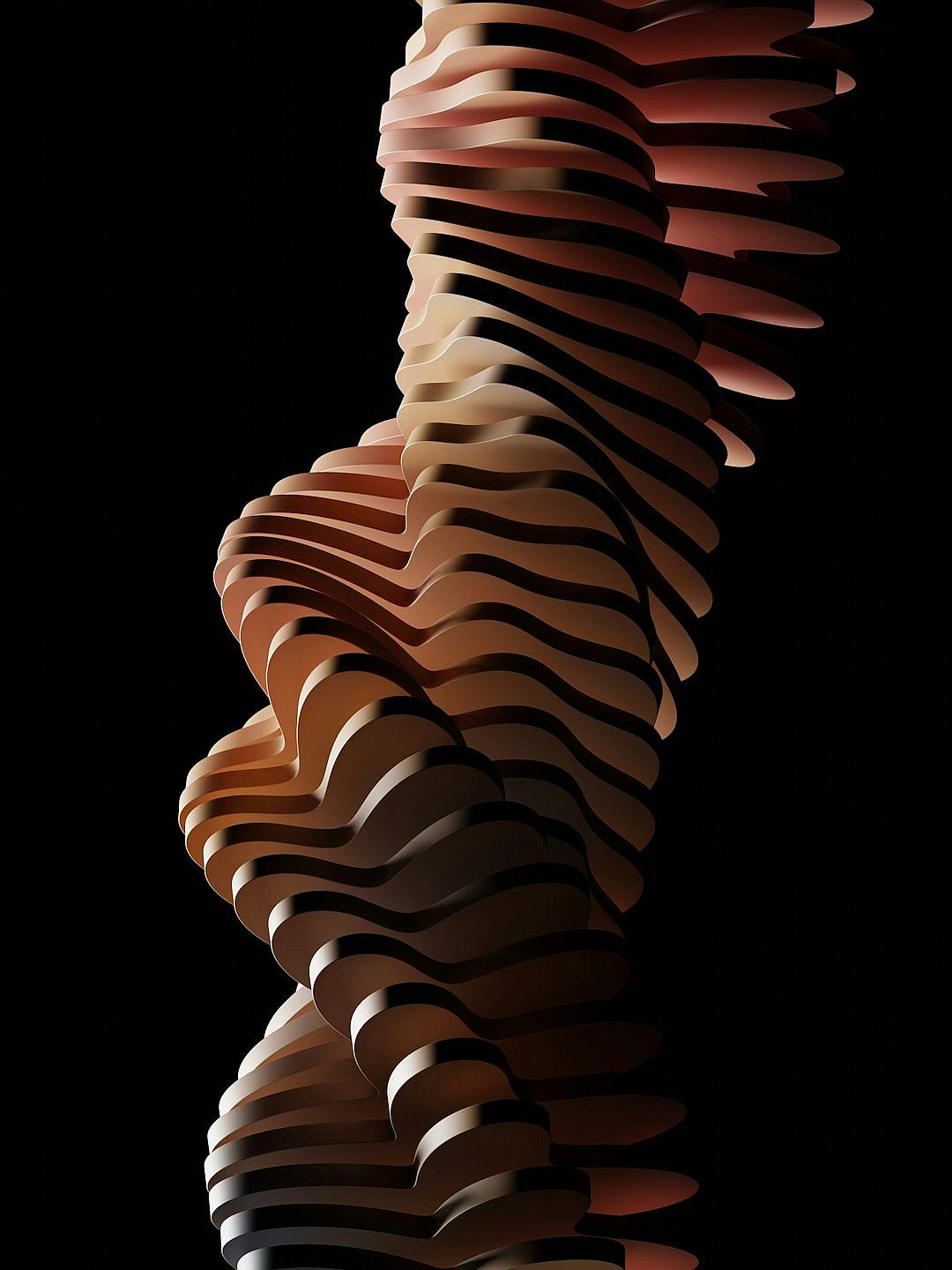 A vertical AI illustration of an abstract sculpture made from interlocking, striped shapes in shades of brown and beige against black background, designed to showcase the unique form through its curves and angles