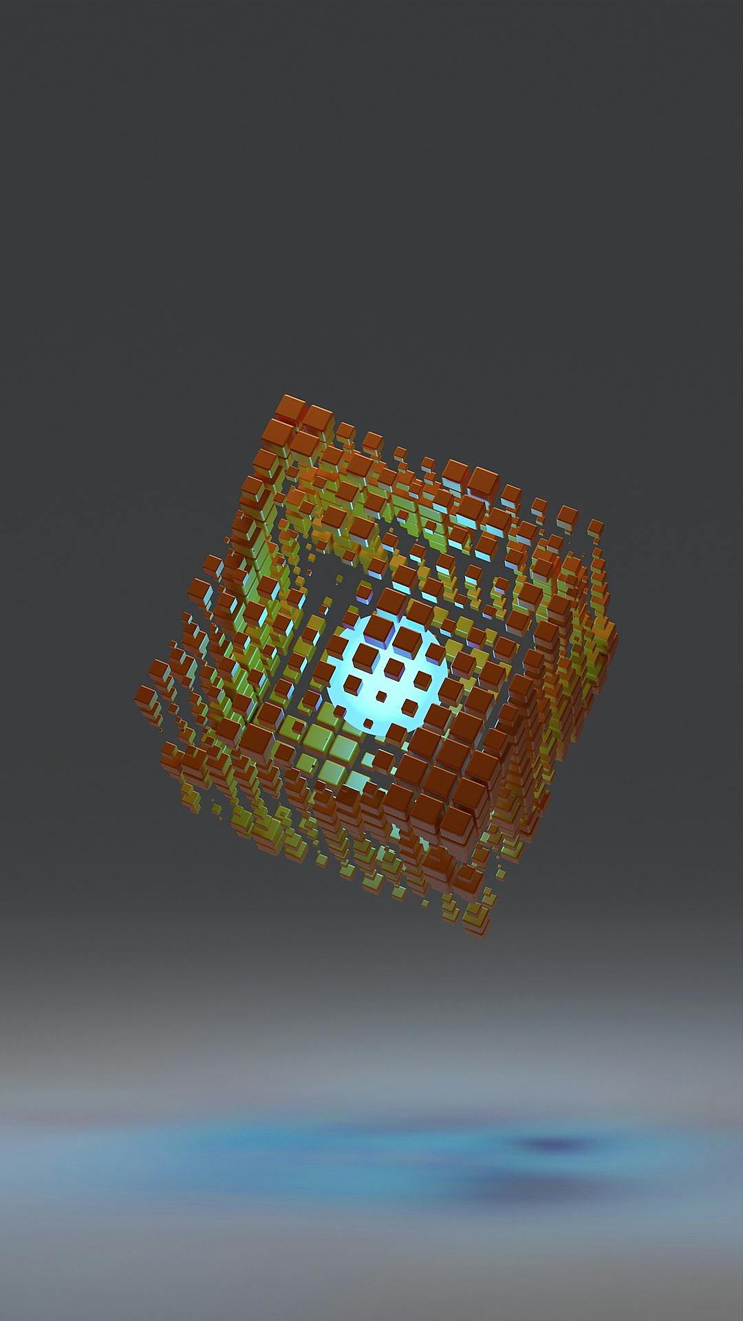 3D rendering of a cube with a fractal grid pattern on its surface, glowing in orange and blue colors, floating in air with a perspective view. The fractal grid was rendered in the style of Mandelbrot.