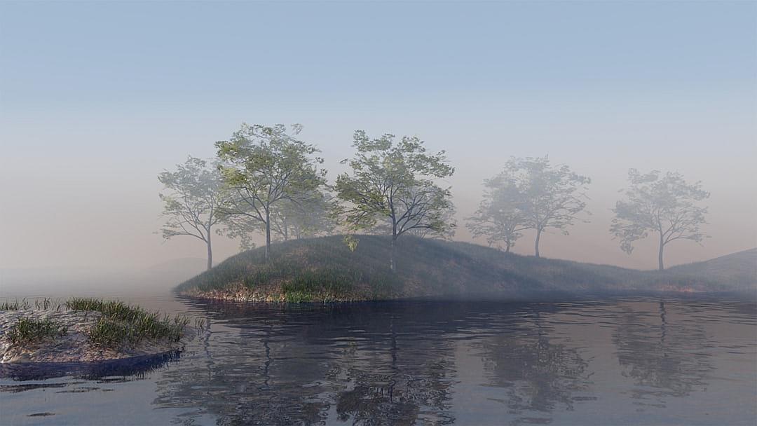 Generate an island with trees on the shore of Lake Orin, foggy weather, octane render, in the style of octane render.