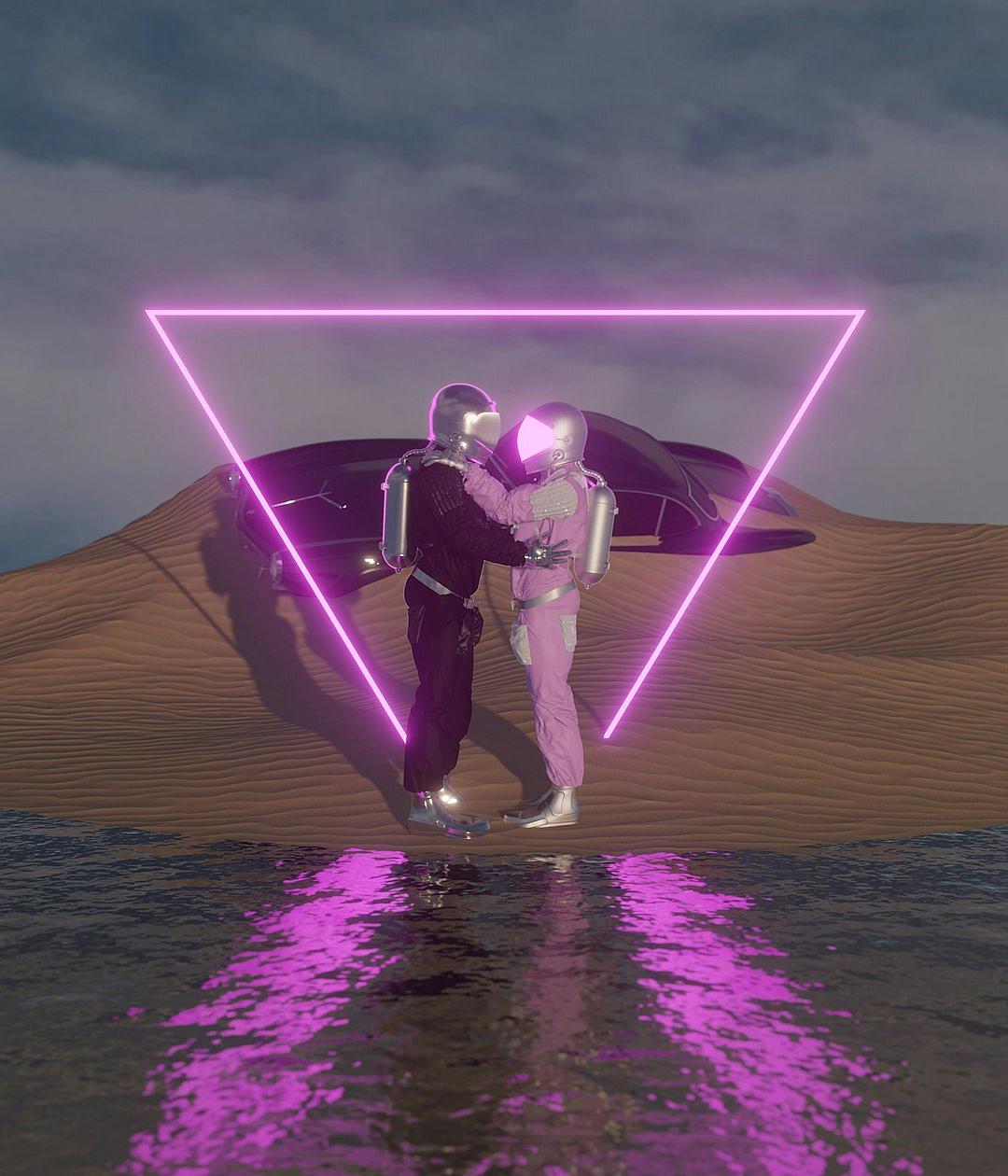 a couple in spacesuits dancing on the beach, surrounded by neon pink triangle and black car silhouette, dreamy synthwave style, reflection mimicry, symmetrical composition, desert landscape, surrealistic, minimalism, high resolution, hyper realistic, super detailed, photography, octane render, cinema4d, volumetric light, cinematic