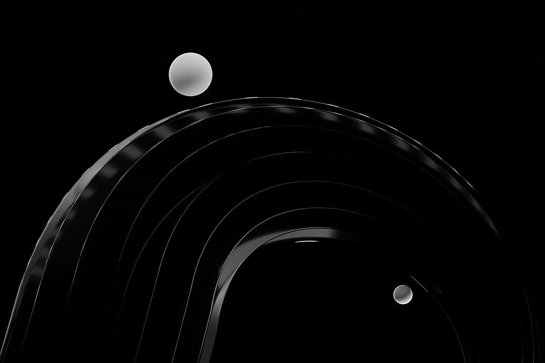 black background, minimalistic black and white 3d render of the planets Jupiter and Saturn in an arc with black hole, vector art, smooth curves, simple shapes, on a black background, with no shadows, in the style of all black artwork.