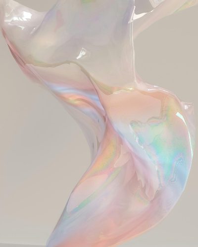 minimalist detailed hyper realistic cinematic still of smooth translucent iridescent plastic in the shape of an abstract female form, translucent, pastel colours, white background, soft light