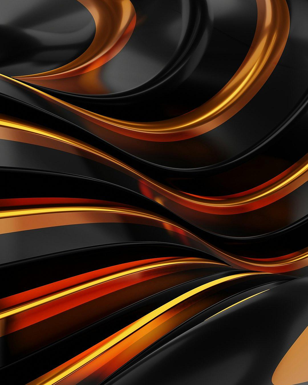 Black and Orange background, 3D wallpaper with gold curves in the middle of the picture, creating a sense of depth, elegant lines, luxurious wall paper, abstract art, curved shapes, high resolution, high detail, high quality, high definition, high contrast, high sharpness, high color saturation,