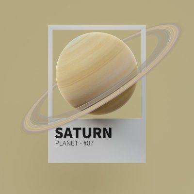 An ultra minimal and modern illustration of the planet Saturn for use in a presentation with only light colors, no shadows or text. The design should include its name "Saturn" underneath it. Include the words 'Pantone07' at bottom center as part of the typography. There is a white square frame around all of it on a solid background color. It's set against a flat brown gradient backdrop. In the style of Art Deco, sleek, simple, and modern.