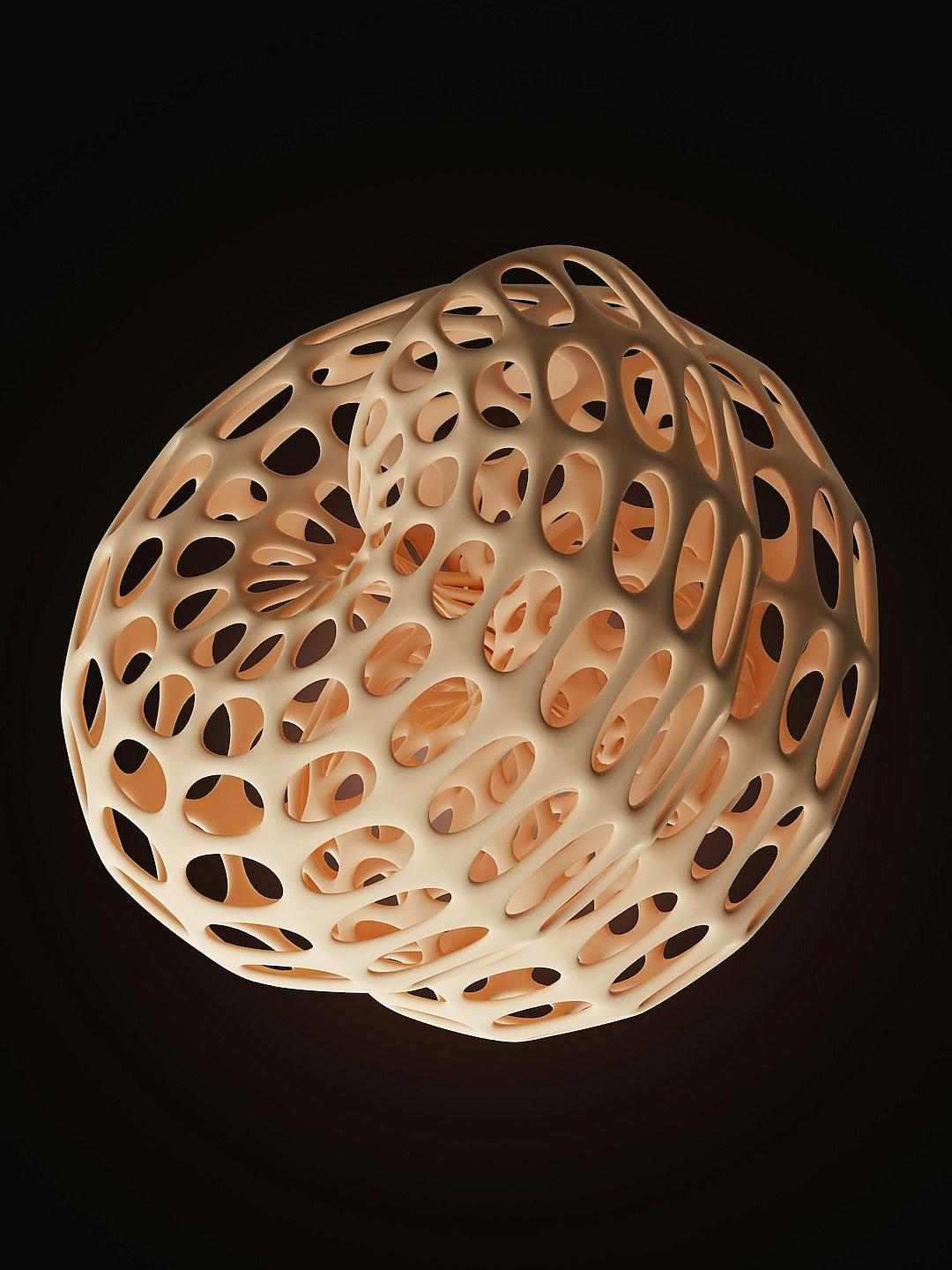 A three-dimensional sphere with carved holes on the surface, with soft lighting and a black background. The material is clay, with natural lighting illuminating it from above. It has an abstract shape that resembles sea coral or leopard print. There is a sense of depth in its carved style, creating an interesting texture. This artwork can be used as a decorative element for interior design.