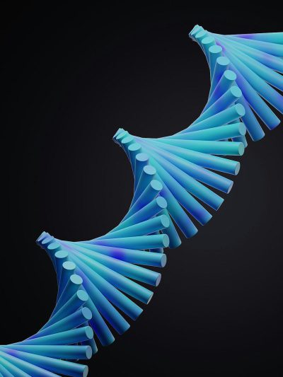 A blue DNA double helix made of paper fans against a black background, with hyperrealistic details rendered in a minimalist and geometric style with futuristic clean lines and sharp edges featuring vibrant colors. The octane render provides high resolution, high detail and high quality.