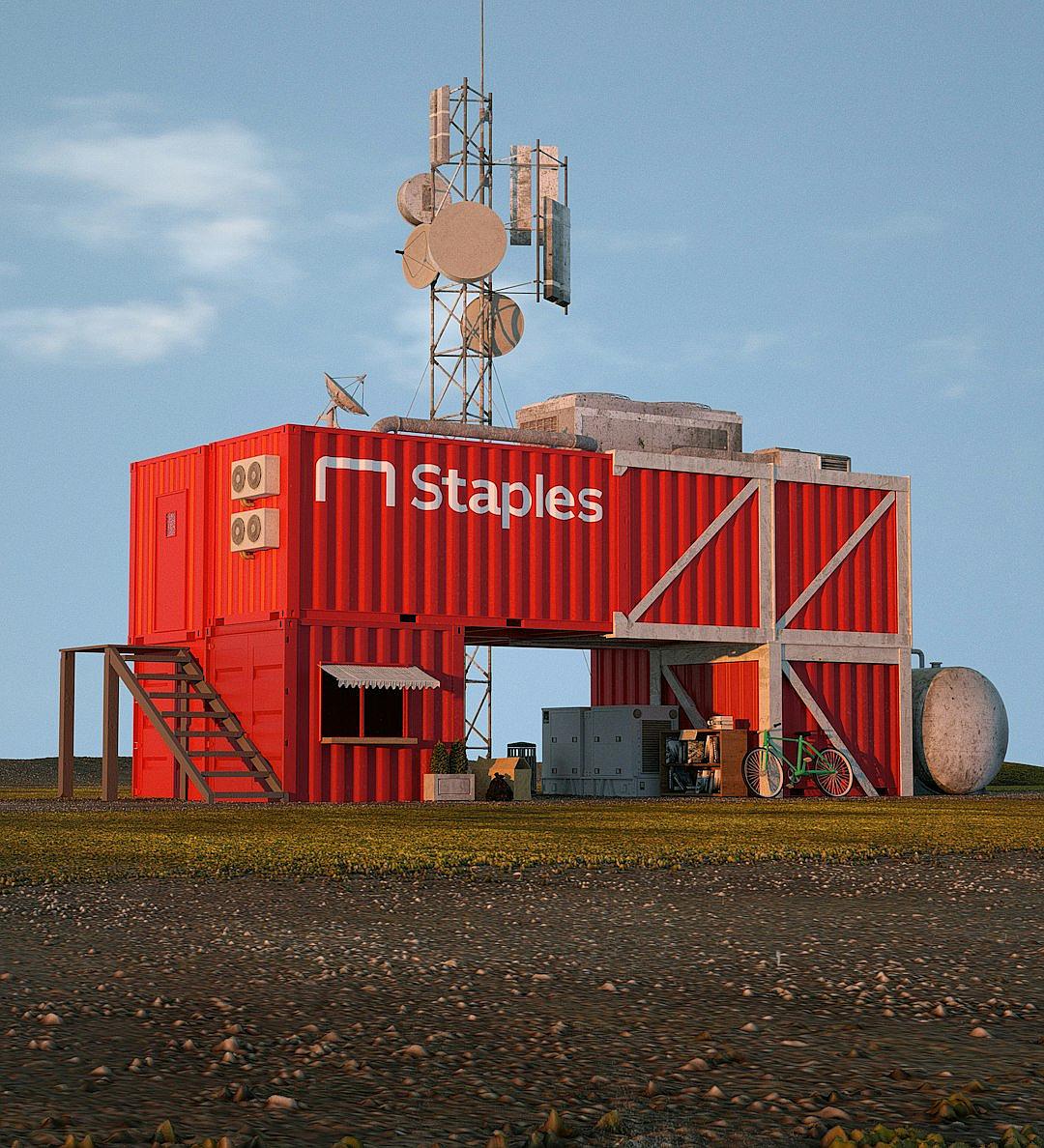 A red shipping container with the “Staples” logo on it, is sitting in an open field next to two cell towers and one bike rack. In front of that there’s another building made out of wood. Photorealistic,