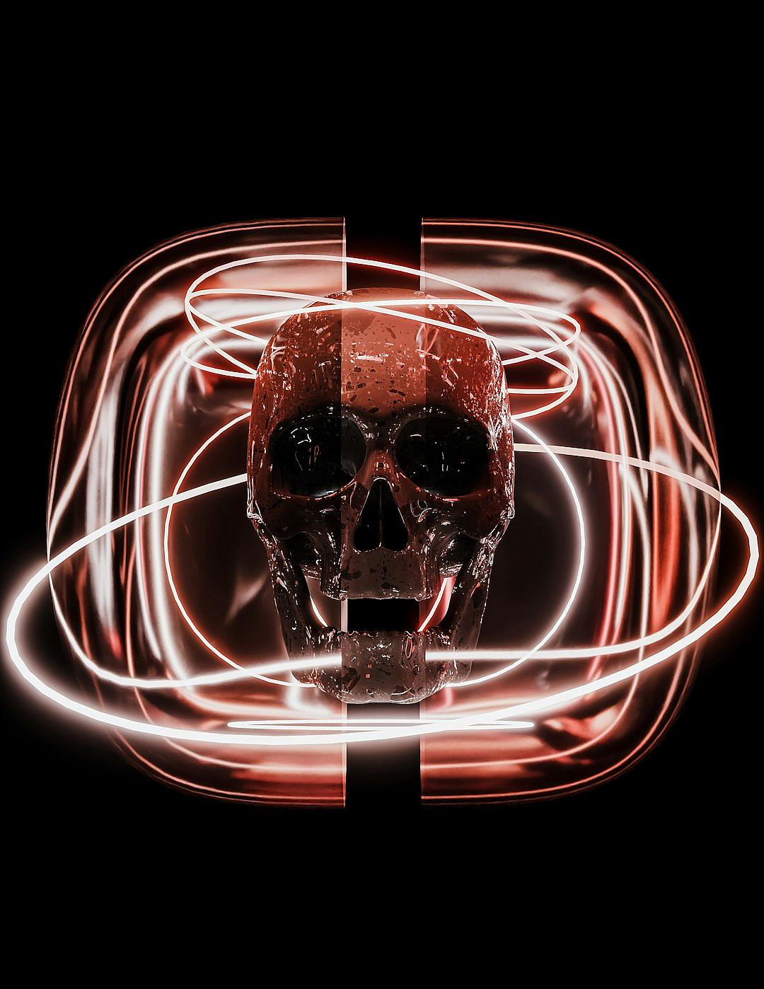 A skull in the middle of an illuminated spiral with red neon lights on a black background, in the style of hyper realistic photography.