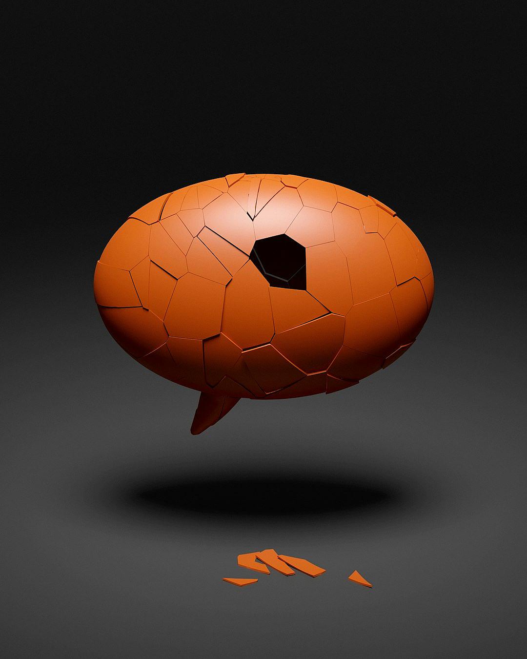 An orange speech bubble with a black hole in the center, rendered as if it’s made of cracked clay and broken pieces floating on a solid dark background. The clay has rough textures that give depth to its surface. This design should convey motion or forward movement while maintaining balance and symmetry. It is set against a plain backdrop for contrast. Ensure there are no shadows cast by elements like wind or light. Rendered in the style of perspective view.