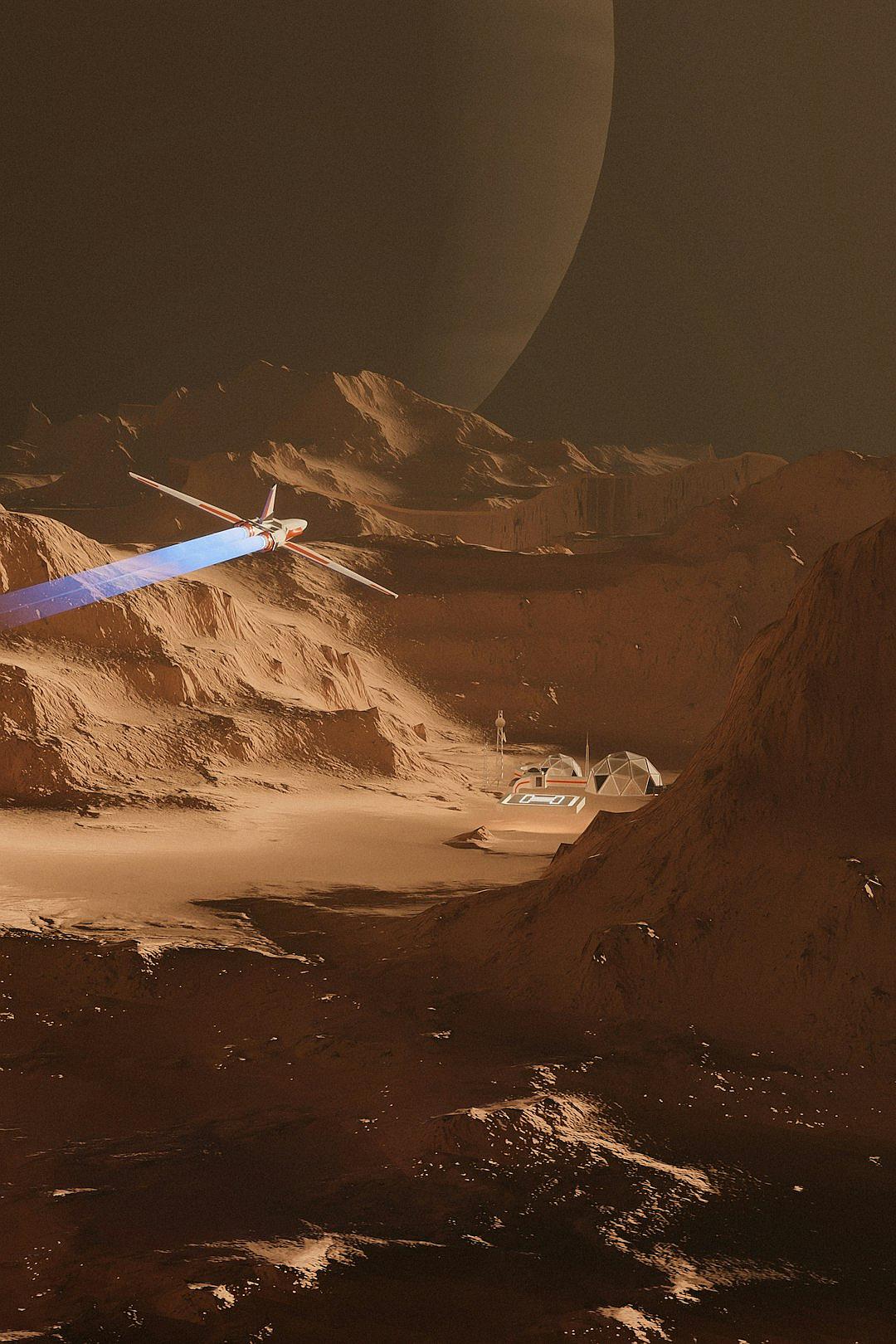 A small spacecraft landing on the surface of Mars. In front is an Earth-like planet with some mountains and sand dunes, blue dust is flying around. There are two white vehicles parked near, the scene is captured from above in an ultra-realistic style.