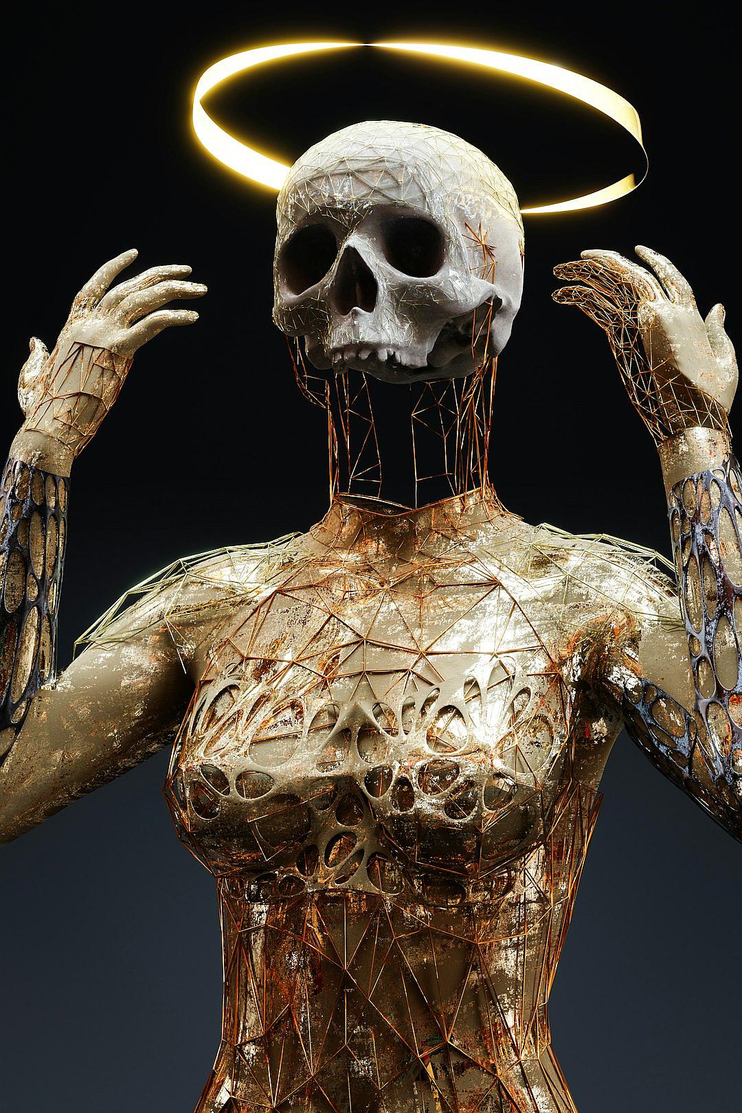 A beautiful and attractive woman made of golden metal with a skull face, wearing an angel halo above her head. The full body figure has outstretched arms to the sides, raised hands reaching towards the viewer. The body faces the viewer in a dynamic pose. The photorealistic and hyperdetailed style gives it a cinematic and hyperrealistic look with volumetric lighting, in the style of octane render.