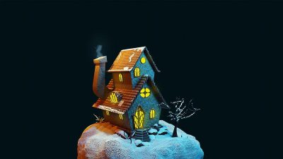 claymation of a small haunted house on top of an ice mountain, black background, blue and yellow color scheme, in the style of artstation.