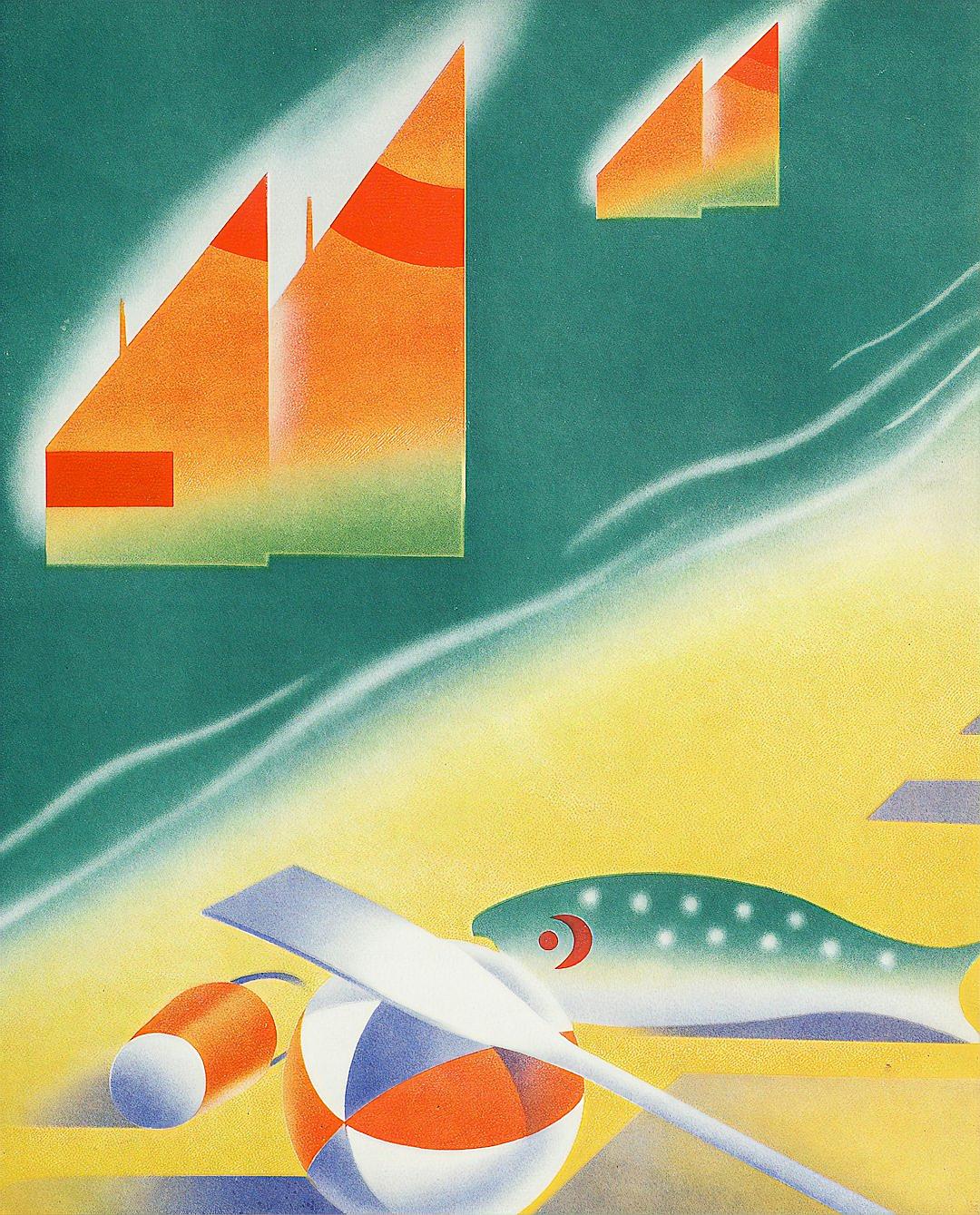 Sailboats, fish and a beach ball in the style of [Kazumasa Nagai](https://goo.gl/search?artist%20Kazumasa%20Nagai) on a green background with orange triangles on the left side and yellow shapes in the upper right corner of a vintage travel poster depicting flying booms and a transparent glass boat cheering on a boat.