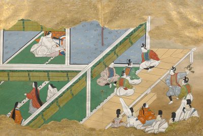 A painting depicting an Edo period scene with people playing Tengersen on green and white paper. The players sit in different rooms, each room featuring stairs leading to the next level up or down as if they were two story buildings. On one side is another player who stands at the bottom holding his feet off the ground like he's ready for action, while other players hold out their hands to catch him when falling from the top level. The style of the painting suggests it was created in the style of an Edo period Japanese artist.