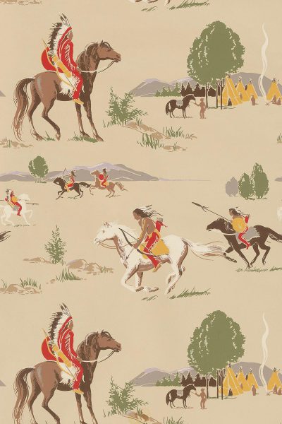 A vintage wallpaper pattern depicting American Indian scenes, such as Native Americans riding horses and playing ball games in the wilderness, with tents or wigwams visible in distant landscapes. The color palette includes earthy tones like browns, beiges, greens, reds, yellowing whites, and soft blues, capturing an old-fashioned aesthetic.