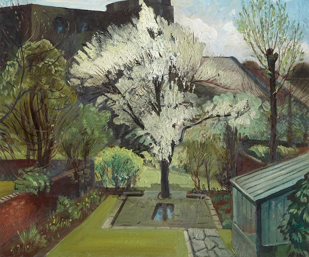 White tree in the middle of an English garden, large lawn with path leading to small wooden shed on right side, in style by Matisse, oil painting, 50s, nostalgic, white blossom trees, large black brick building behind garden, springtime, green grass and plants,