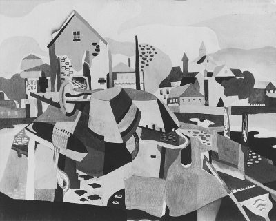 A cubist depiction of the town's landscape, with abstract shapes and monochrome colors, capturing scenes like buildings, rivers, or streets. The overall feel is one that embodies simplicity yet depth in its visual representation. in the style of Matisse, grey scale style, ink wash, simple lines, minimalism, woodcut printmaking, flat shading, wideangle perspective, low detail, rough edges, monochromatic palette, strong contrast between light and dark, high resolution.