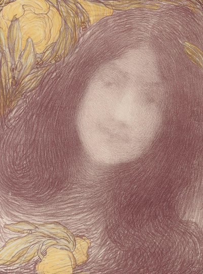 A simple, soft, and delicate pencil drawing with color washes of an egg-shaped light brown woman's face in the center of dark purple hair surrounded by yellow flowers, creating an atmosphere. The artwork is in the style of [Gustav Klimt](https://goo.gl/search?artist%20Gustav%20Klimt), featuring soft lines and shimmering details reminiscent of his golden Art Nouveau designs. In muted tones of deep burgundy, pale pink, and gold, it captures her serene expression through gentle shading using subtle pastel strokes.