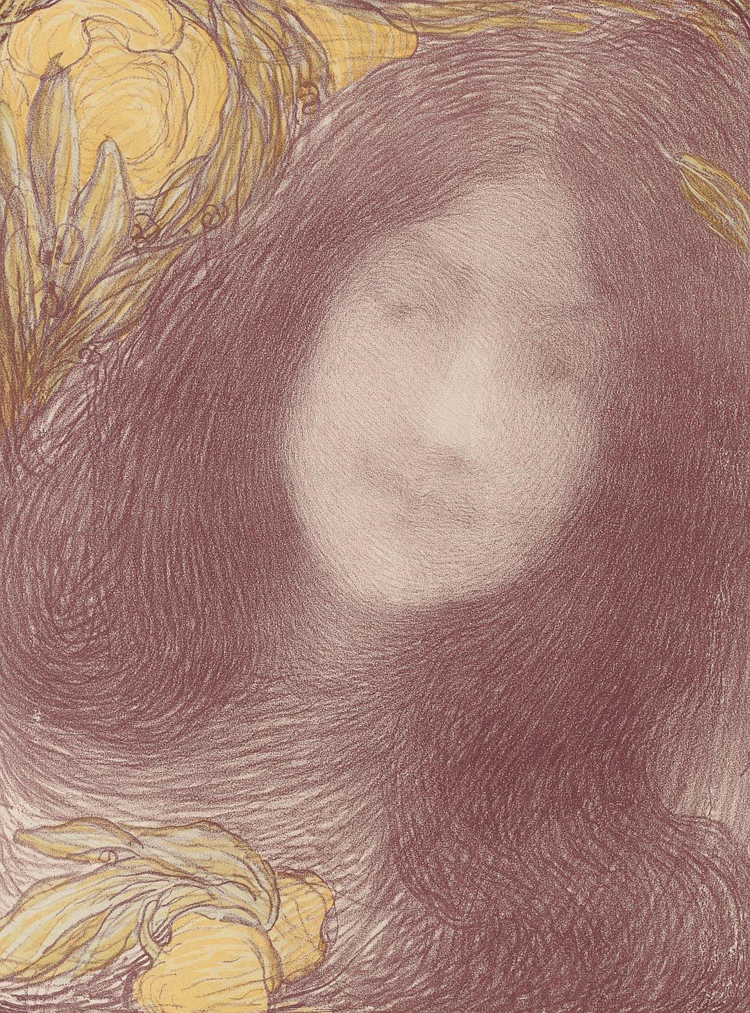 A simple, soft, and delicate pencil drawing with color washes of an egg-shaped light brown woman’s face in the center of dark purple hair surrounded by yellow flowers, creating an atmosphere. The artwork is in the style of [Gustav Klimt](https://goo.gl/search?artist%20Gustav%20Klimt), featuring soft lines and shimmering details reminiscent of his golden Art Nouveau designs. In muted tones of deep burgundy, pale pink, and gold, it captures her serene expression through gentle shading using subtle pastel strokes.