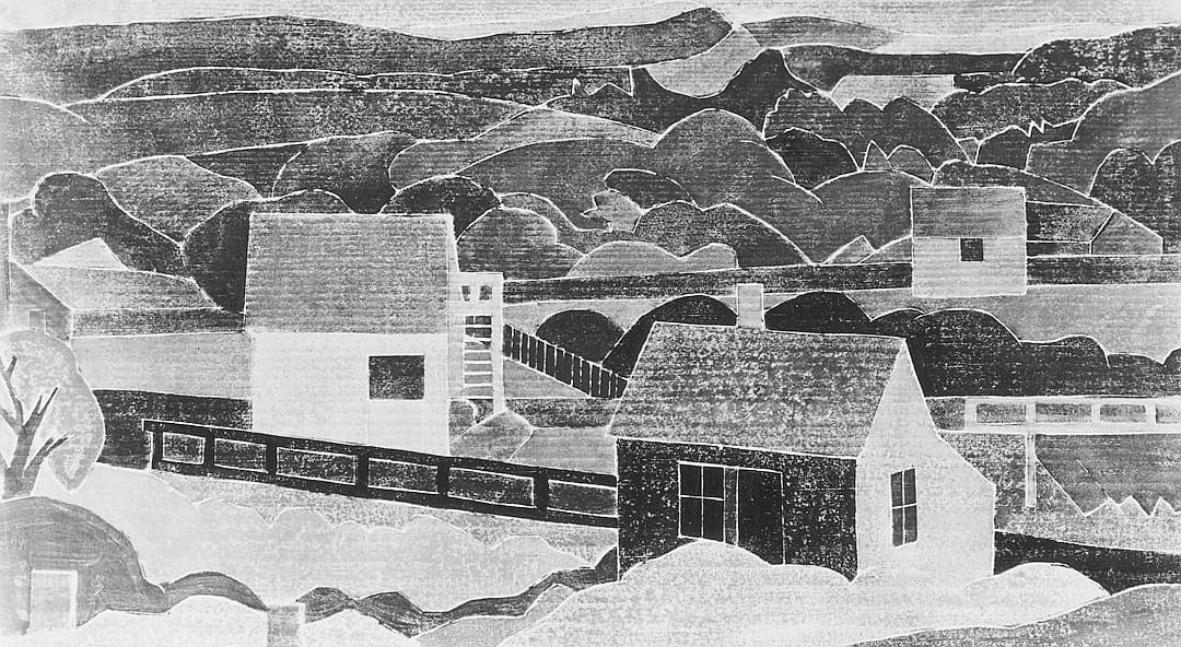 In the style of woodcut print, a village is surrounded by hills with white houses and black roofs. The sky is clear and cold. A small bridge crosses over an icy river in front of one house. Between two other buildings stands another building. It is snowing heavily on them. Black and White