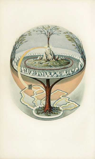 A vintage illustration of the flat earth with a tree in the center, white background, pastel colors, in the style of [John James Audubon](https://goo.gl/search?artist%20John%20James%20Audubon), detailed