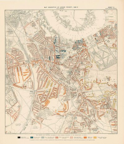 Select map depicting London's poor district, with areas marked in red to highlight the site of War scenes and black for low embankments." The color scheme should be shades of beige, brown, grey, orange, yellow, white, or blue, reflecting historical context. This is an antique handdrawn vintage engraving print on paper with detailed borders around each frame, showcasing intricate details and a warm aesthetic that evokes nostalgia from its era.