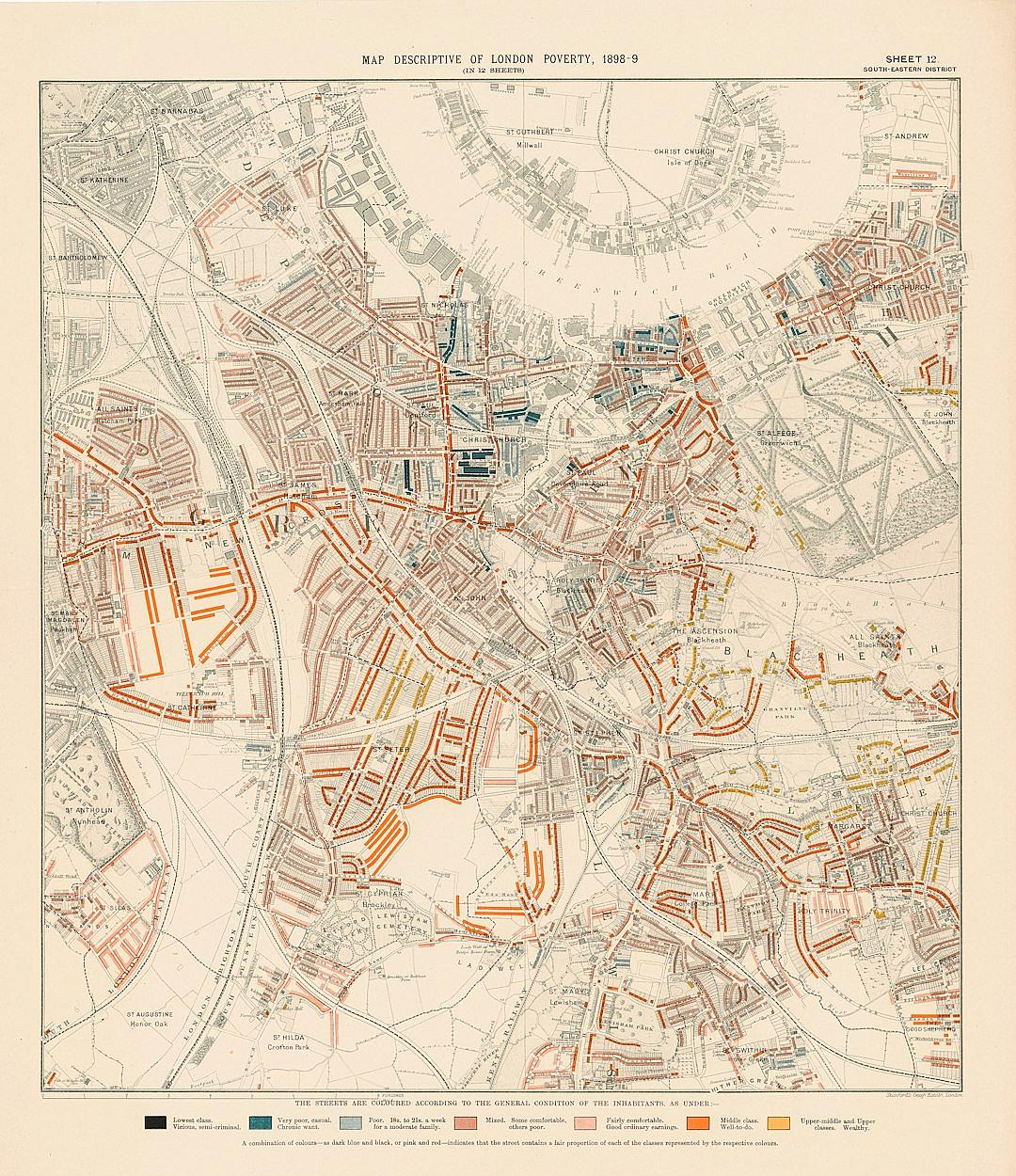 Select map depicting London’s poor district, with areas marked in red to highlight the site of War scenes and black for low embankments.” The color scheme should be shades of beige, brown, grey, orange, yellow, white, or blue, reflecting historical context. This is an antique handdrawn vintage engraving print on paper with detailed borders around each frame, showcasing intricate details and a warm aesthetic that evokes nostalgia from its era.