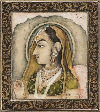 A classical miniature painting of an Indian princess in the style of Mughal paintings. She is wearing earrings and pearl necklaces with her hair covered by a veil, a green dress with gold embroidery on it. She has a dark skin tone, there are some patterns around her as well. The background is a plain white, watercolor, detailed, on antique textured paper.