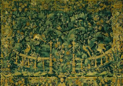 A medieval tapestry depicting a green forest with many animals, using gold thread and dark green linen cloth. The tapestry was created in the style of an unknown medieval artist.