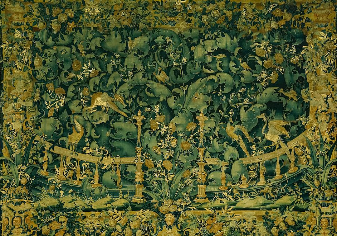 A medieval tapestry depicting a green forest with many animals, using gold thread and dark green linen cloth. The tapestry was created in the style of an unknown medieval artist.