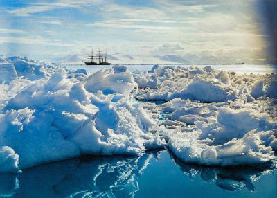 An arctic landscape with large snow-covered icebergs floating in the ocean. An old sailing ship is seen far away on the horizon, with a blue sky. A beautiful photography in the style of [Slim Aarons](https://goo.gl/search?artist%20Slim%20Aarons) and in the style of fashion photographer [David LaChapelle](https://goo.gl/search?artist%20David%20LaChapelle) and in the style of [Tim Walker](https://goo.gl/search?artist%20Tim%20Walker).