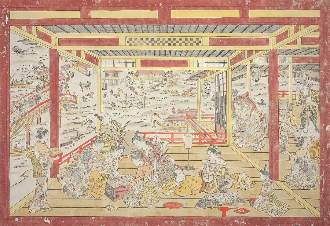 An Edo period woodblock print of an outdoor Japanese stage with people in various costumes, surrounded by many other characters painted on the walls and ceiling in reds and yellows.