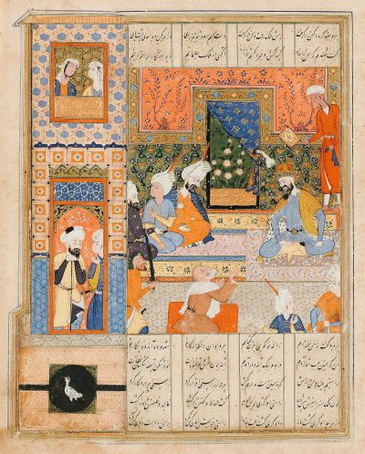 In the center of an ancient miniature painting, three men in colorful robes sit around and talk to each other inside a room with four walls, while one man sits on his throne on the right side of the picture holding a white feathered quill pen. The wall behind them is decorated with Islamic geometric patterns and calligraphy. In the top left corner there is a small window showing a green tree outside. In the lower part of the page we can see black ink stains. Arab culture. Middle East. A sultan's vehicle toy in the style of LAIKA Studios.