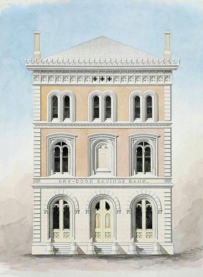 a detailed architectural drawing of the front facade of an English bank in light neutral colours with white accents, sign on top that says "ziplock". In style of watercolour and ink wash paintings from England. The building is three stories high with large windows and double doors at each level. There's also two columns near the entrance to add detail. It should have a sense of grandeur and elegance, typical for early american regency buildings.