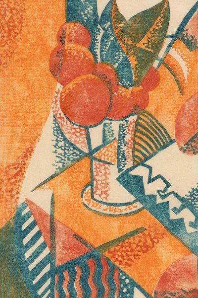 woodblock print in the style of cubist style, orange and blue hues, still life with fruits in the foreground, geometric shapes of leaves, flowers and vase in background, orange and teal color palette, woodcut texture, high contrast between light and dark areas, geometric elements on peach colored paper