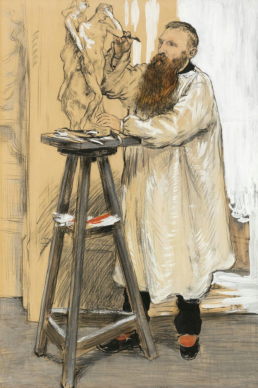 A Jewish artist with a long beard in a white coat and black shoes standing on a stool, drawing a figure of a man statue at an easel, in the style of [Henri de Toulouse-Lautrec](https://goo.gl/search?artist%20Henri%20de%20Toulouse-Lautrec).