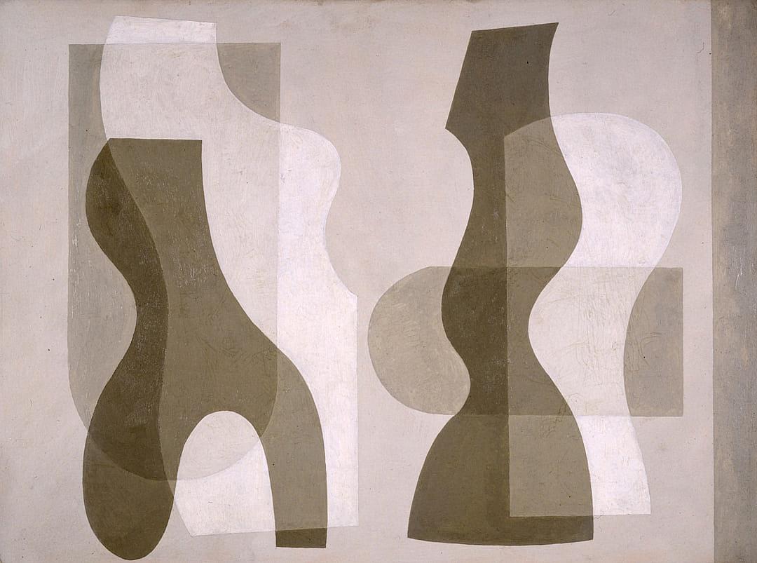 A painting in the style of [Jean Arp](https://goo.gl/search?artist%20Jean%20Arp) of two abstract shapes, one light brown and the other dark grey, on a flat white background.