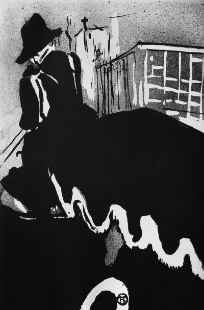 Black and white ink drawing of a noir detective laying on a bed, his face in shadow, with an apartment background, in a high contrast, noir lighting style, in the ink wash style of [Bill Sienkiewicz](https://goo.gl/search?artist%20Bill%20Sienkiewicz).