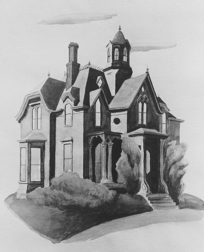 Black and white pencil drawing of an old Victorian mansion, hand drawn in the style of Matisse in Pixar style, simple lines, minimalism, watercolor painting in the style of vintage house with gothic architecture, simple shapes, neutral tones, monochrome, soft shading, sketchy, handdrawn.