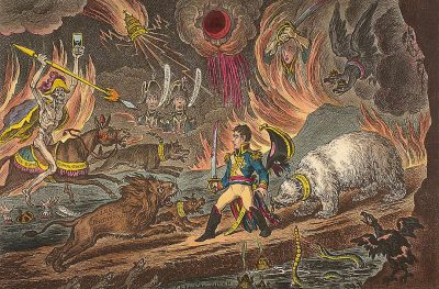 An engraving from the year 1000 showing Napoleon Bonaparte in battle with an army of animals, in the style of a children's coloring book illustration. The fantasy art style depicts a full body shot from a low angle with a hellish background of fire and brimstone along with flying demonic creatures. The renaissance painting composition utilizes ink outlines and watercolor in the styles of [Greg Rutkowski](https://goo.gl/search?artist%20Greg%20Rutkowski), [Thomas Kinkade](https://goo.gl/search?artist%20Thomas%20Kinkade), [Alphonse Mucha](https://goo.gl/search?artist%20Alphonse%20Mucha), and [Aaron Horkey](https://goo.gl/search?artist%20Aaron%20Horkey).