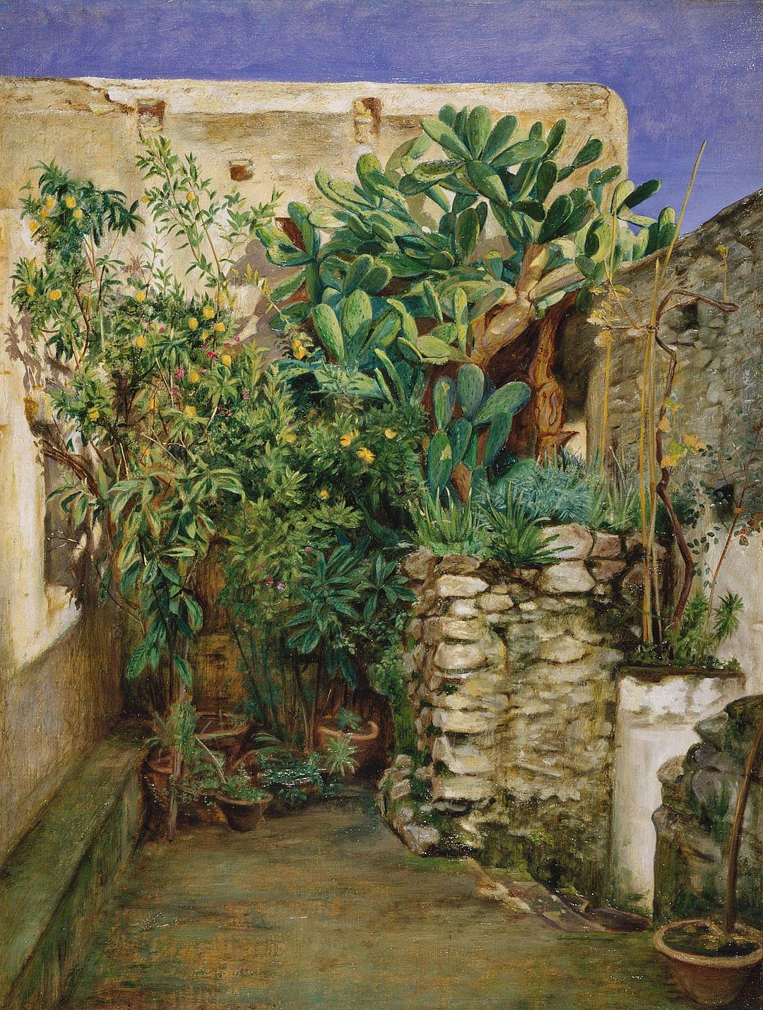 A small courtyard in the back of an ancient house, with cacti and other plants growing among them, in the style of Lawrence AlmaTadema and Peter Nottrott.