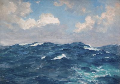 A vintage oil painting of the ocean, with rough waves and clouds in the sky. The colors should be a vibrant blue for the water and white or light gray for the sky. There is some detail on one side but most of it has been painted over to create an abstract feel. This artwork would have strong contrast between dark blues and whites, giving depth to the scene and creating movement through dynamic brushstrokes. It could evoke feelings like calmness and serenity. The painting is in the style of an abstract artist.