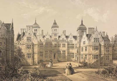 an engraving of the manor house at Chinn Generic, with women in period  walking around it. The building is surrounded by gardens and has three towers on each side. It's set against an English countryside backdrop. In its day, one could say that V tabby was the most beautiful mansion within hundreds of miles. With its towering spires, intricate details, ornate architecture, and lush greenery, it exbuiltin beauty. This scene conveys opulence and grandeur.