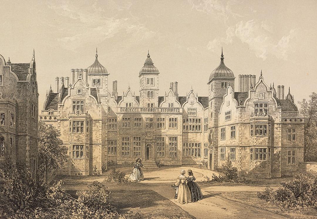 an engraving of the manor house at Chinn Generic, with women in period  walking around it. The building is surrounded by gardens and has three towers on each side. It’s set against an English countryside backdrop. In its day, one could say that V tabby was the most beautiful mansion within hundreds of miles. With its towering spires, intricate details, ornate architecture, and lush greenery, it exbuiltin beauty. This scene conveys opulence and grandeur.