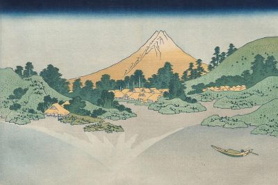 [Katsushika Hokusai](https://goo.gl/search?artist%20Katsushika%20Hokusai)'s woodblock print of the village in the style of Mount Fuji, with small huts and trees around it. A river flows in front of the mountain, surrounded by green hills. In one corner is a boat on the water. The sky above has some clouds. The background features a snowcapped volcano peak. It’s a serene scene with soft pastel colors, including blue, white, grey, brown, yellow, light orange, light pink, and purple hues. There is a feeling of calmness and tranquility.