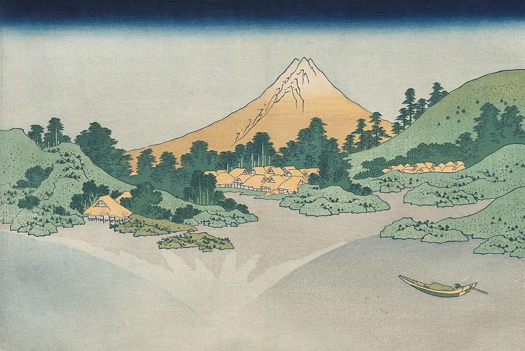 [Katsushika Hokusai](https://goo.gl/search?artist%20Katsushika%20Hokusai)’s woodblock print of the village in the style of Mount Fuji, with small huts and trees around it. A river flows in front of the mountain, surrounded by green hills. In one corner is a boat on the water. The sky above has some clouds. The background features a snowcapped volcano peak. It’s a serene scene with soft pastel colors, including blue, white, grey, brown, yellow, light orange, light pink, and purple hues. There is a feeling of calmness and tranquility.