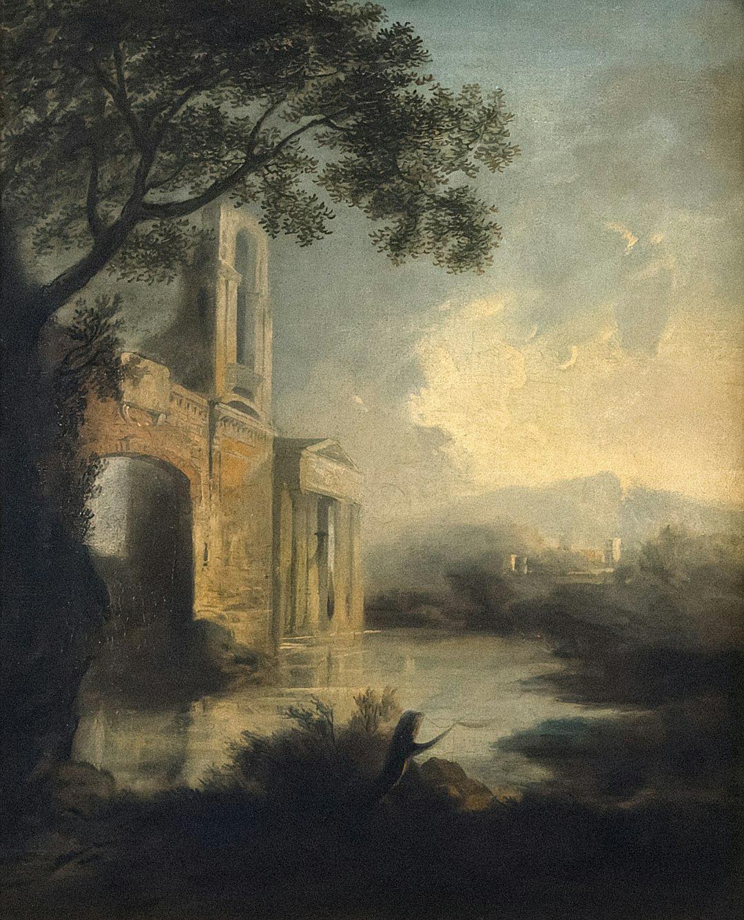 A landscape with an ancient Roman temple, painted by JeanAnt plywoodoDavey in the style of dark chiaroscuro and romantic ruins, mysterious figures, evening light, a river flowing through it, a stone archway leading to the entrance, a small figure sitting on grass beside water, mist rising from ground around buildings.