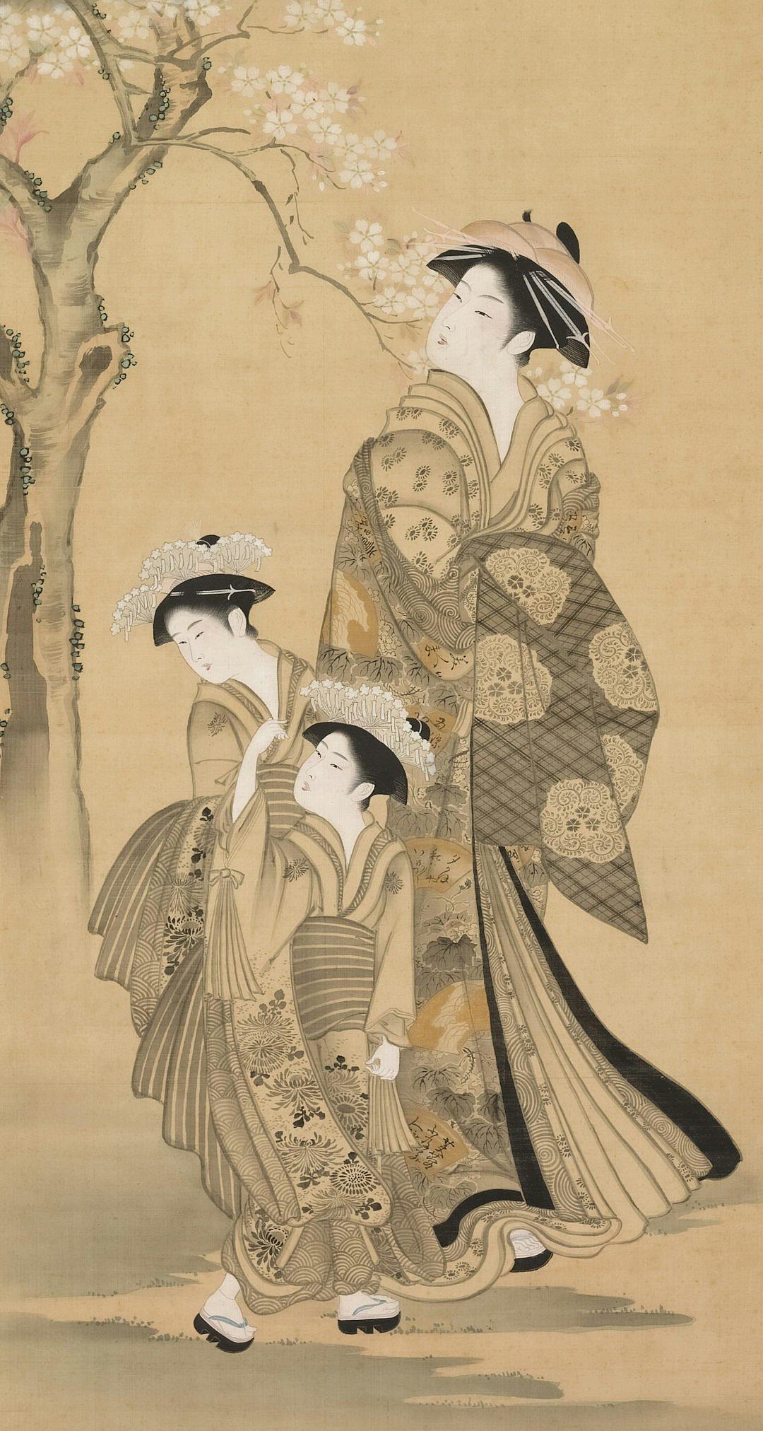 A woman in an elaborate kimono and two children walking under cherry blossoms, in the style of [Uemura Shōen](https://goo.gl/search?artist%20Uemura%20Sh%C5%8Den), beige background, Japanese art